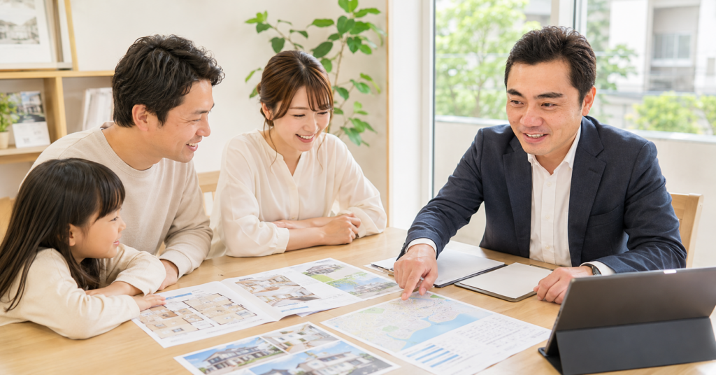 高知市で不動産購入を検討する家族が、資金計画と物件資料を見ながら相談している様子