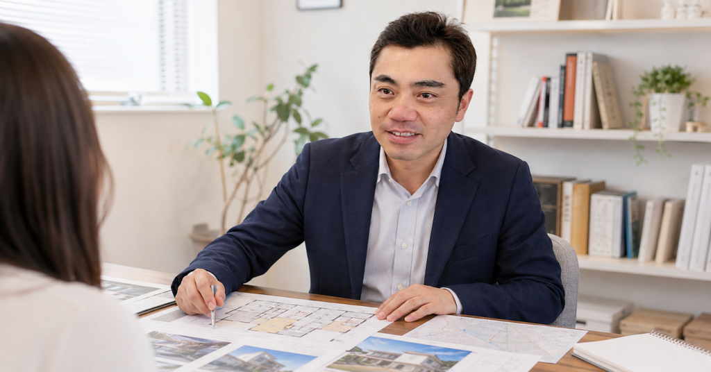 宅地建物取引士 西山尚孝が高知市の不動産購入について説明している様子