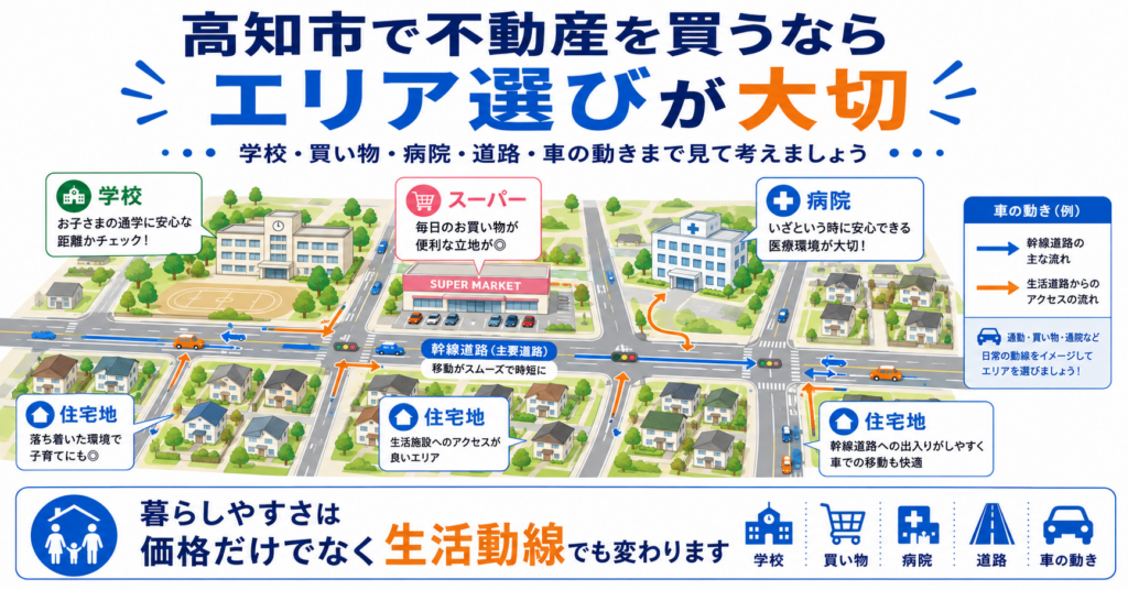高知市で不動産購入を検討するときに、学校区、買い物施設、道路、通勤距離を確認するイメージ