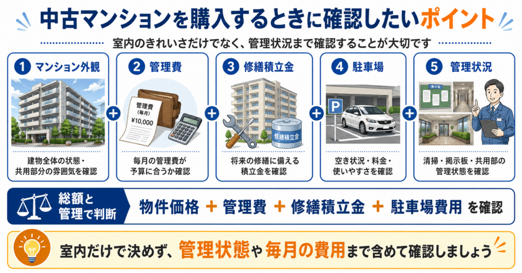 高知市で中古マンションを購入するときに確認したい管理費、修繕積立金、駐車場、管理状況の図解