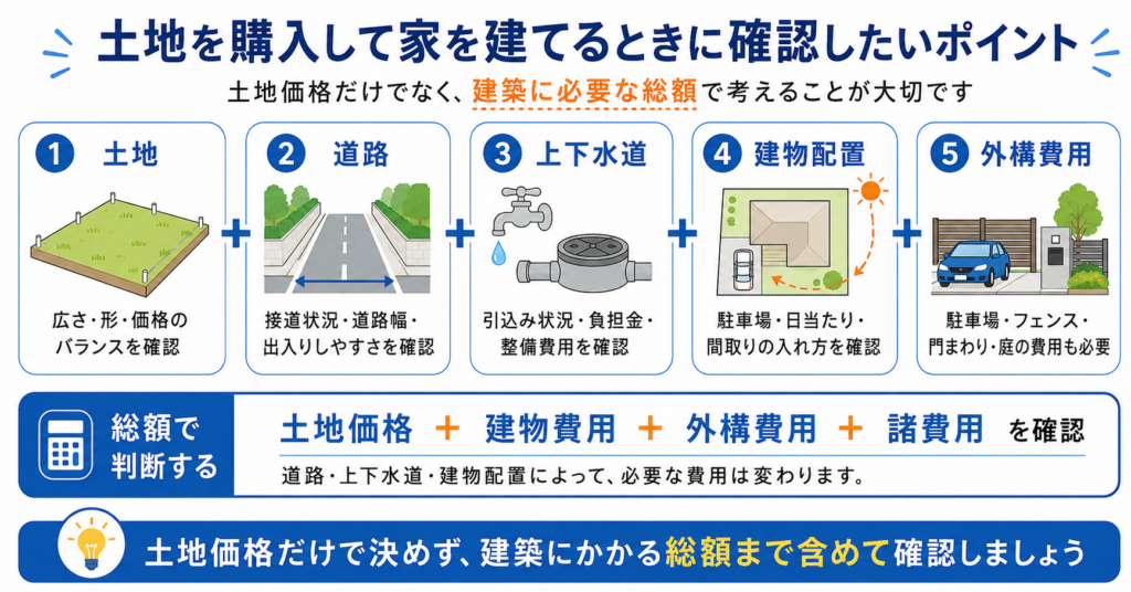高知市で土地を購入して家を建てる際に、道路、上下水道、建物配置、外構費用を確認する図解