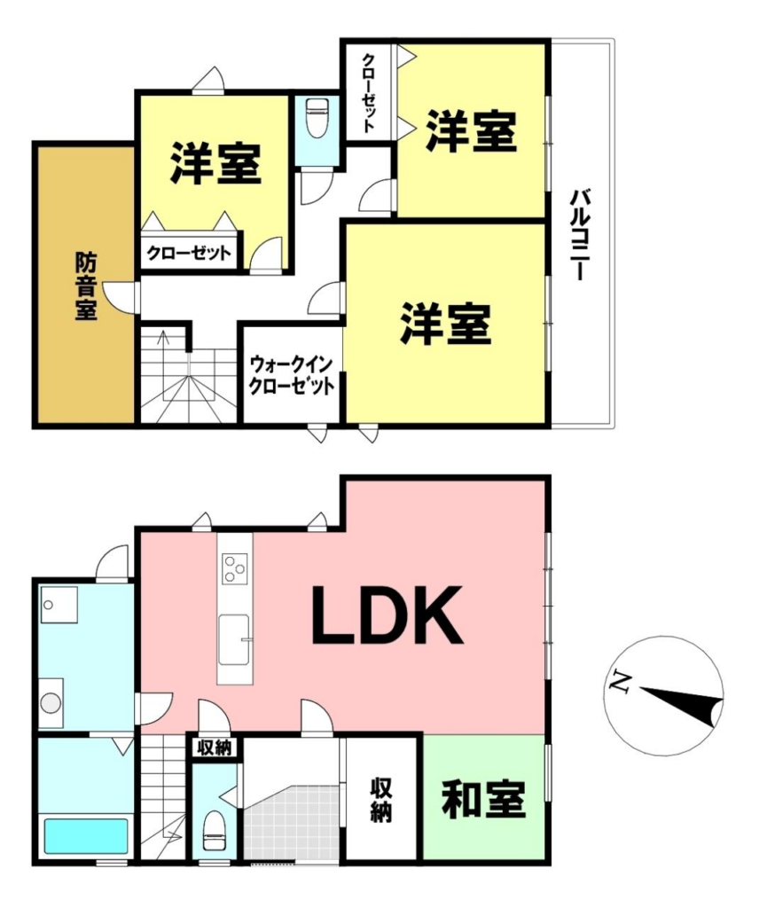 4LDK
1階：LDK＋和室
2階：洋室3部屋
家族で部屋を分けやすい間取り
