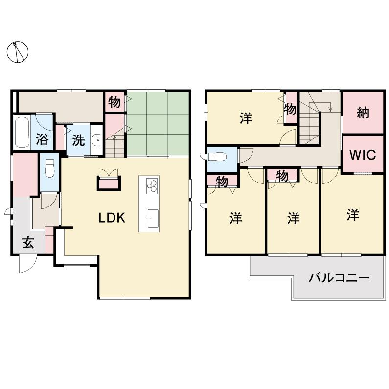 5SLDK
21.9帖のSLDK
和室5.4帖
洋室4部屋
サービスルーム2帖
家族それぞれの部屋を確保しやすい間取り