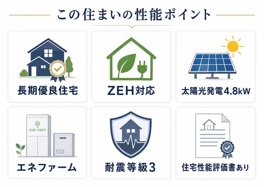 長期優良住宅
ZEH対応
太陽光発電4.8kW
エネファーム
耐震等級3
住宅性能評価書あり